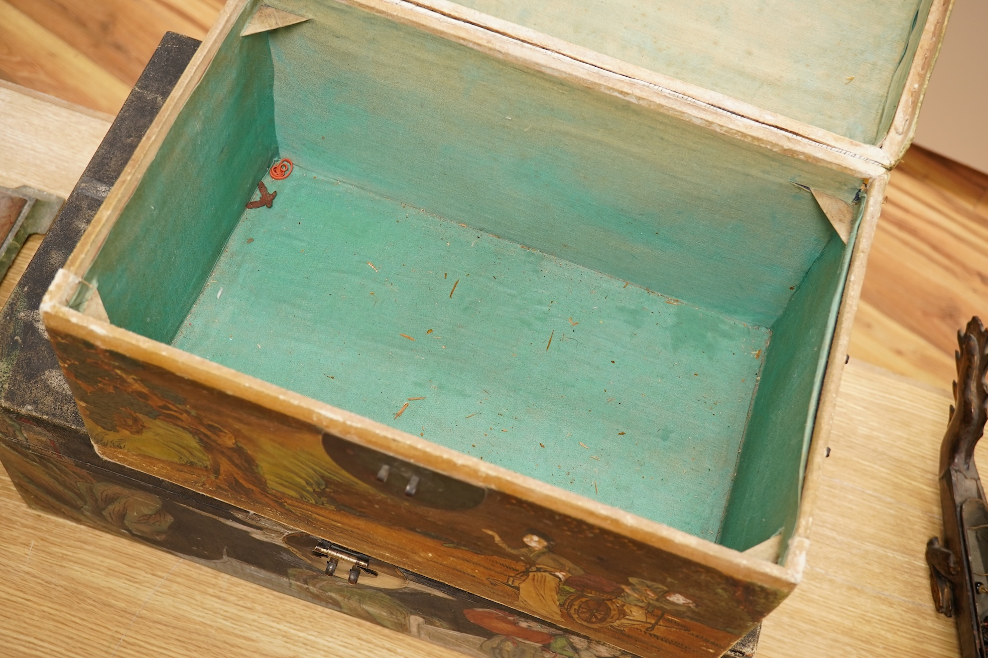 Two Chinese polychrome decorated hide chests, largest 56cm wide